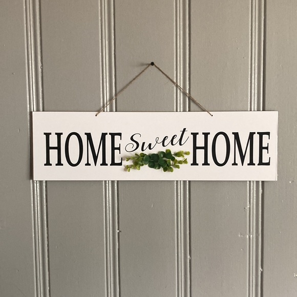 NWT White w/ Black HOME SWEET HOME 🍃 Horizontal Wooden Decor Sign w/ Greenery - Picture 10 of 13